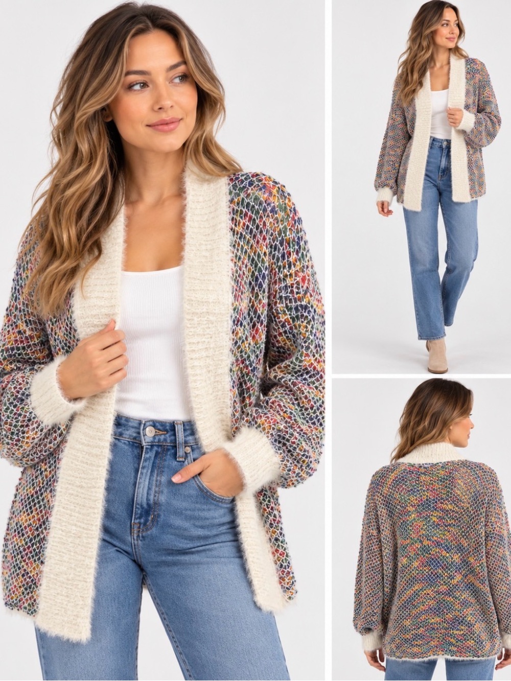 Yes Lola Multicolor Knit Cardigan Ivory Trim Open Front Size M